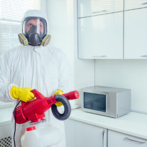 pest control worker standing with sprayer in kitchen